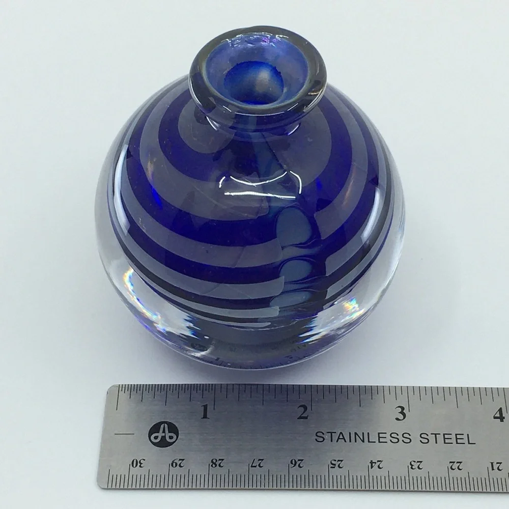 Vintage Cobalt Blue Swirl Glass Vase Paperweight Collectible Art Glass Round